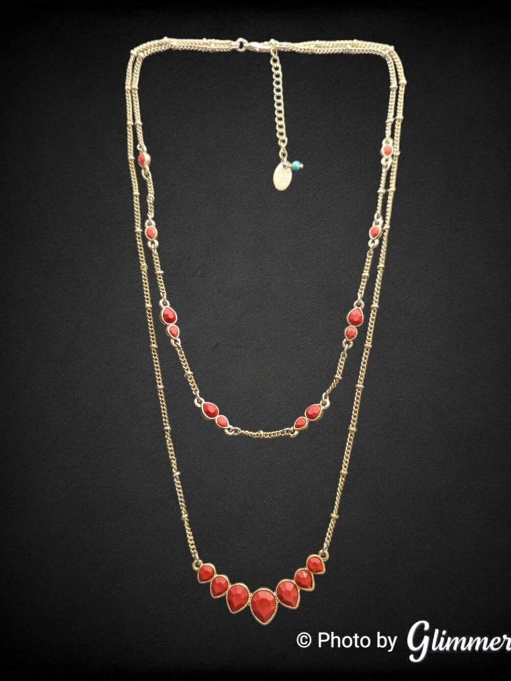Nine West Double Strand Red Teardrop Cabochon Gold Tone Necklace